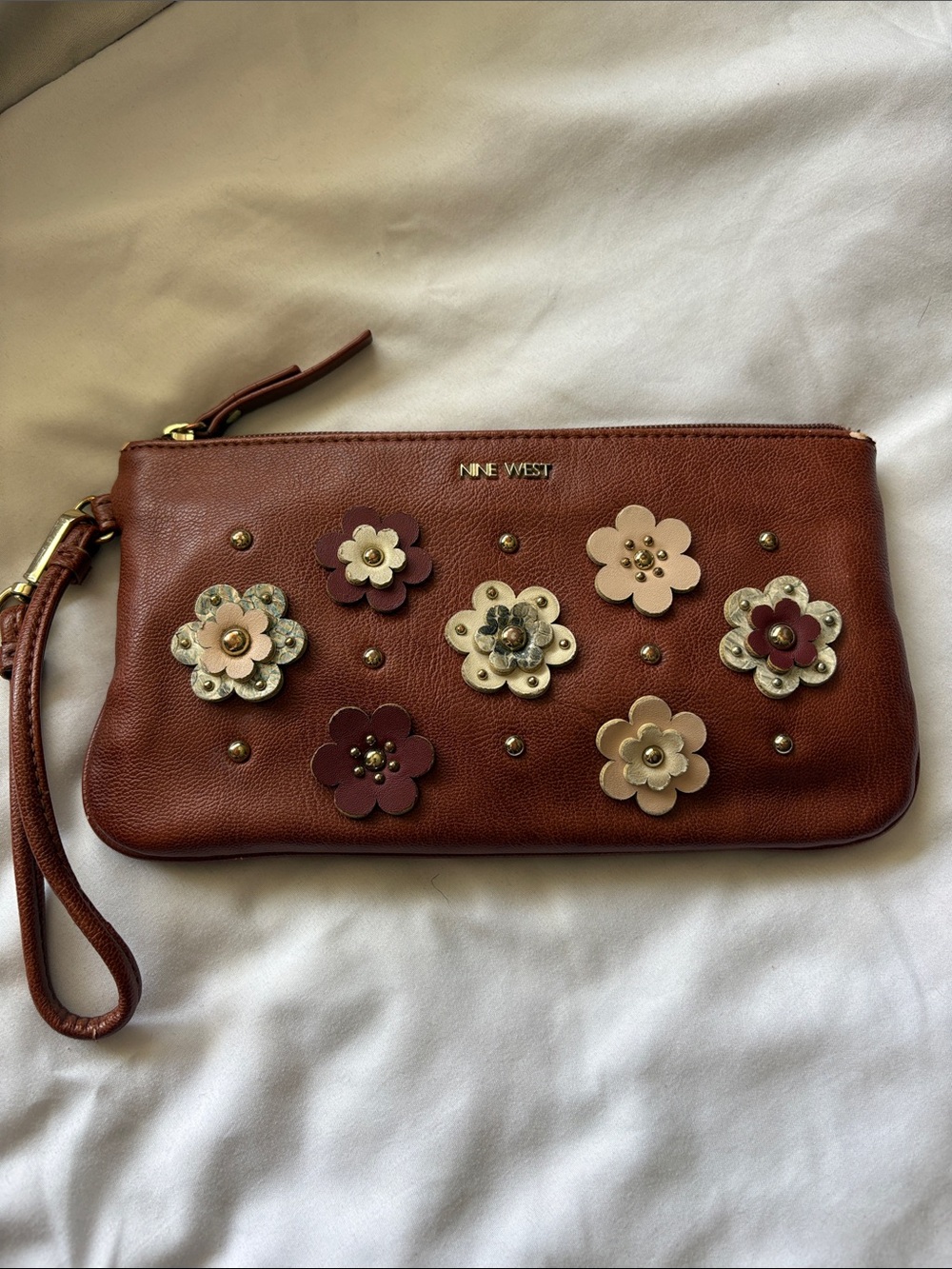 Nine West Brown Floral Appliqué Wristlet Clutch with Cream & Burgundy Flowers